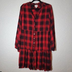 Knox Rose Buffalo Plaid Dress Size XXL Black Red Button Down Long Sleeve Rayon 4
